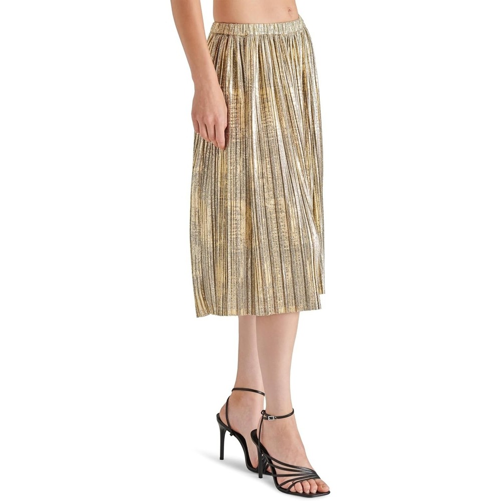 NWT STEVE MADDEN Dorey woman's Darcy Metallic-Foil-Knit pleated midi skirt Sz S